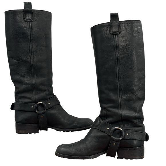 Saks Fifth Ave Harness Moto Boot SZ 40 Women's Black Leather Tall Loose Buckle - Picture 8 of 14